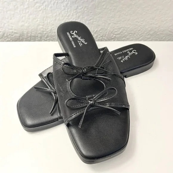 NWT Seychelles Black Sheer Mesh Bow Slides - Picture 3 of 5